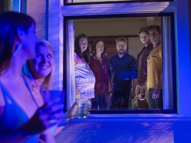 Back L-R: Carla Gallo, Rose Byrne, Seth Rogen, Ike Barinholtz and Zac Efron star in "Neighbors 2: Sorority Rising."