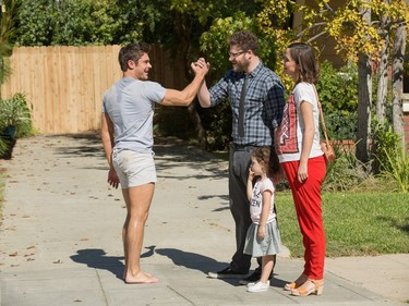 L-R: Zac Efron, Seth Rogen and Rose Byrne star in "Neighbors 2: Sorority Rising."