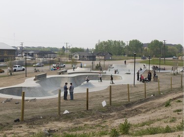 People try out the new skatepark during the grand opening of the Warmen skatepark in Warman, May 14, 2016.