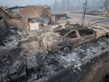 Home foundations and shells of vehicles are nearly all that remain in a residential neighbourhood destroyed by a wildfire on May 6, 2016 in Fort McMurray, Alberta. Wildfires, which are still burning out of control, have forced the evacuation of more than 80,000 residents from the town.