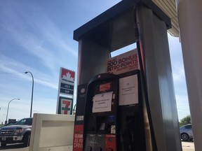 A Petro-Canada pump near Warman Road, is marked with a sign informing customers the pump is out of fuel. However, while the impacts of a Suncor Energy fuel shortage could still be seen in Saskatoon on Wednesday, officials with the energy giant said Wednesday that relief is on the way.