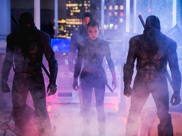 Brittany Ishibashi as Karai (front) and Brian Tee as Shredder (back) in "Teenage Mutant Ninja Turtles: Out of the Shadows."