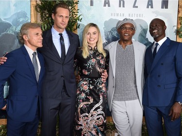 L-R: Christoph Waltz, Alexander Skarsgård, Margot Robbie, Samuel L. Jackson and Djimon Hounsou arrive at the Los Angeles premiere of "The Legend of Tarzan" at the Dolby Theatre, June 27, 2016.