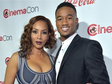 Actors Vivica A. Fox and Jessie Usher, recipients of the Ensemble of the Universe Award for "Independence Day: Resurgence," attend the CinemaCon Big Screen Achievement Awards brought to you by the Coca-Cola Company at Omnia Nightclub at Caesars Palace during CinemaCon, the official convention of the National Association of Theatre Owners, on April 14, 2016 in Las Vegas, Nevada.