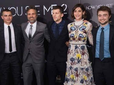 L-R: Dave Franco, Mark Ruffalo, Jesse Eisenberg, Lizzy Caplan and Daniel Radcliffe attend the world premiere of "Now You See Me 2" at AMC Loews Lincoln Square on June 6, 2016 in New York.