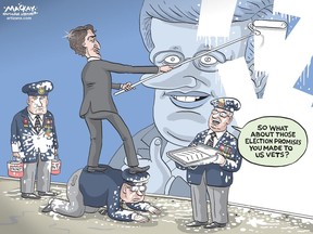 Editorial Cartoon by Graeme MacKay, The Hamilton Spectator – Friday June 17, 2016  Ottawa revives Harper-era legal arguments to block pensions for injured vets  Justice department lawyers will revive legal arguments advanced by the former Harper government to try to block a lawsuit by six Afghan war veterans intent on restoring pensions for injured and wounded soldiers.  CBC News first reported last month that the federal government is taking veterans involved in the Equitas lawsuit back to court to try to block certain benefits for soldiers, despite a Liberal campaign promise to better support them after an era of Conservative cuts.  A peace agreement of sorts, reached by former veterans affairs minister Erin O'Toole, recently expired without any sort of resolution meaning the litigation will now proceed at the B.C. Court of Appeals.  The government's handpicked lawyers will argue that Canada does not have a social contract or covenant with veterans, and that a "scheme providing benefits cannot be said to amount to a deprivation merely because claimant views the benefits as insufficient."  The plaintiffs have argued in court that the lump-sum payment wounded veterans receive under the New Veterans Charter -- as opposed to the lifetime pension that was offered to veterans before 2006 -- is inadequate compensation, as they receive less money over a lifetime.  In court documents filed this week, the government's top class action lawsuit lawyer, Paul Vickery, said that "the submissions made by [former Conservative attorney-general Rob Nicholson] on hearing of the appeal, as set out in the factum filed by him, accurately reflect the current position of the federal government."  That is a controversial position among many in the veterans community as there is a long-held belief that Canada has a special responsibility to its veterans -- a social contract -- based on the promise politicians have made for generations to adequately care for those soldiers who are hurt in the line of duty.(Source: CBC News) http://www.cbc.ca/news/politics/ottawa-pensions-injured-vets-equitas-lawsuit-1.3637155  Canada, Veterans, vets, paint, Justin Trudeau, Stephen Harper, promise, election, pensions