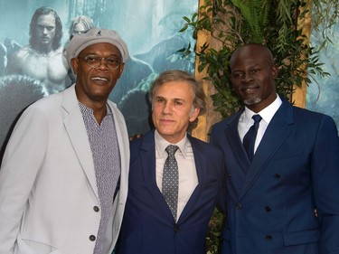 L-R: Actors Samuel L. Jackson, Christoph Waltz and Djimon Hounsou attend the world premiere of "The Legend of Tarzan" in Hollywood, California, June 27, 2016.