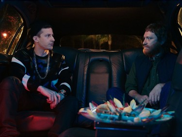 Andy Samberg as Conner4Real and Akiva Schaffer as Lawrence in "Popstar: Never Stop Never Stopping."