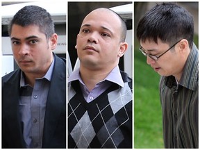 From left: Jonathan Dombowsky, Kennith Tingle and Long Nam Luu, the three men accused in the 2004 death of Isho Hana in Saskatoon