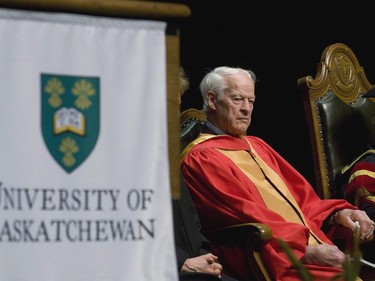 NHL legend Gordie Howe sits after receiving an honorary doctorate from the University of Saskatchewan at graduation ceremonies at TCU Place in Saskatoon, June 3, 2010. The man known as Mr. Hockey has died.