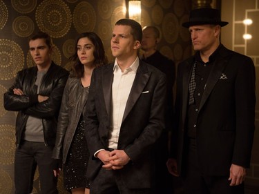 L-R: Dave Franco, Lizzy Caplan, Jesse Eisenberg and Woody Harrelson star in "Now You See Me 2."