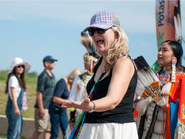 Lanna Cairns of Salt Lake City, Utah participates in a group dance during a National Aboriginal Day event at Wanuskewin Heritage Park on June 21, 2016.