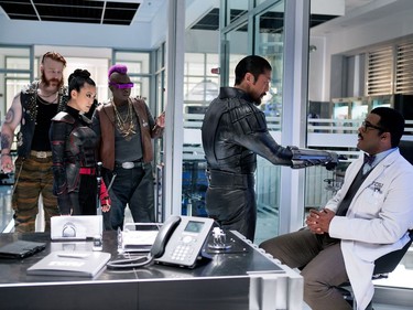 L-R: Sheamus as Rocksteady, Brittany Ishibashi as Karai, Gary Anthony Williams as Bebop, Brian Tee as Shredder and Tyler Perry as Baxter Stockman in "Teenage Mutant Ninja Turtles: Out of the Shadows."