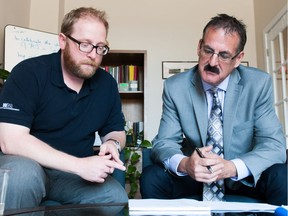 Leon Bourner (left), board president of Saskatoon Community Mediation Services (SCMS) and Tim Nolin, SCMS executive director, say that funding cuts to their organization, as a result of the recent provincial budget, will put more stress on the court system and offer crime victims less chances to heal.