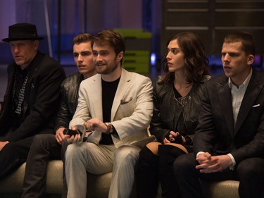 L-R: Woody Harrelson, Dave Franco, Daniel Radcliffe, Lizzy Caplan and Jesse Eisenberg star in "Now You See Me 2."