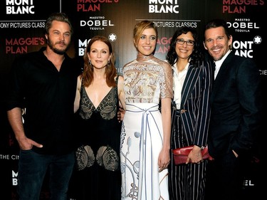 L-R: Travis Fimmel, Julianne Moore, Greta Gerwig, Rebecca Miller and Ethan Hawke attend Montblanc and the Cinema Society with Mastro Dobel & Kim Crawford Wines Host a Screening of Sony Pictures Classics' "Maggie's Plan" at Landmark Sunshine Cinema on May 5, 2016 in New York City.