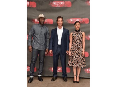 L-R: Actors Mahershala Ali, Matthew McConaughey and Gugu Mbatha-Raw attend the photo call for STX Entertainment's "Free State of Jones" at Four Seasons Hotel Los Angeles at Beverly Hills on May 11, 2016 in Los Angeles, California.