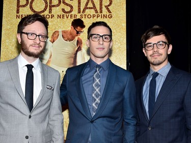 L-R: Actors Akiva Schaffer, Andy Samber and Jorma Taccone attend "Popstar: Never Stop Never Stopping" at AMC Loews Lincoln Square 13 Theatre on May 24, 2016 in New York City.