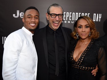 L-R: Actors Jessie Usher, Jeff Goldblum and Vivica A. Fox attend the premiere of 20th Century Fox's "Independence Day: Resurgence" at TCL Chinese Theatre on June 20, 2016 in Hollywood, California.