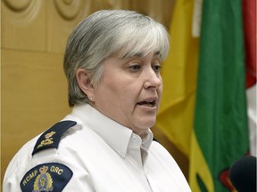 RCMP Insp. Karen Munro announces Taylor Wolff, 31, of Saskatoon, is charged with one count of second-degree murder in the death of James Carlson during a news conference at F Division in Regina.  TROY FLEECE / Regina Leader-Post