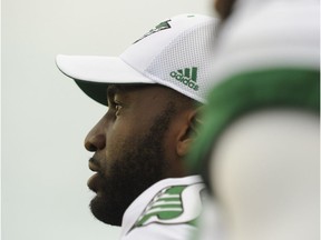 Saskatchewan Roughriders quarterback Darian Durant watches from the sidelines during first half pre-season CFL action against the B.C. Lions in Regina on Saturday, June 11, 2016.