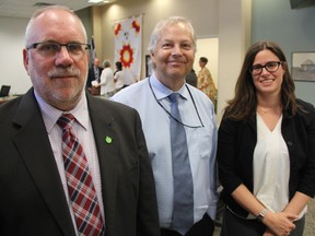 Saskatoon Public School Division board chair Ray Morrison, with the division's CFO Garry Benning and Deanna Scott, the division's Budget and Audit Manager at the Saskatoon Public School Division's head quarters following a special board meeting held on Wednesday morning to table the division's budget. As a result of a $4.8 million shortfall, the SPSD will be dipping into its reserves in order to balance the school division's 2016-17 budget.