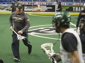 SASKATOON, SASK--Saskatchewan Rush head coach Derek Keenan runs drills with youth during a lacrosse Clinic at Sasktel Centre on Sunday, April 17th, 2016.