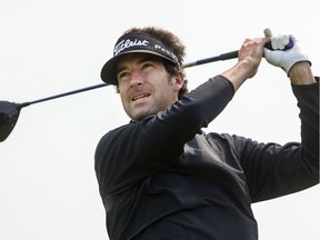 Michael Letzig tees off on day four at the 2015 Dakota Dunes Open, July 5, 2015.