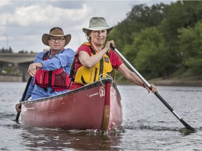 Robin and Arlene Karpan paddle on the South Saskatchewan River in Saskatoon.