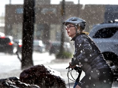 A downpour of rain in gusty winds caught a cyclist sitting still and getting wet at a red light on Second Avenue North,  June 2, 2016. (GordWaldner/Saskatoon StarPhoenix)