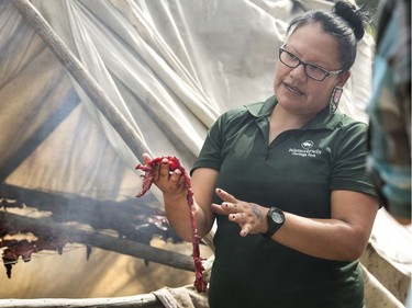 Park interpreter Bonnie Masusapoe explains the process of the lost art of jerky making, holding a piece of bison next to a smoke house on one of the many trails at Wanuskewin Heritage Park during the Aboriginal Day Celebration, June 21, 2016.