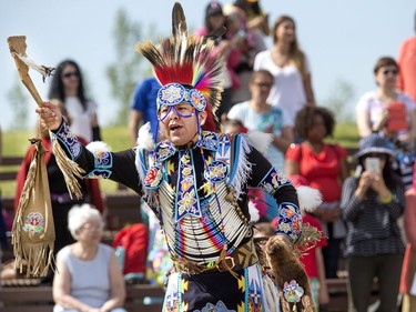 Indigenous dancers in the grand entry at the amphitheatre at Wanuskewin Heritage Park at the opening of the Aboriginal Day Celebration, June 21, 2016.