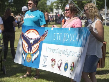 Thousands joined the "Rock Your Roots" Walk for Reconciliation at a Day of Reconciliation in Saskatoon, June 22, 2016. The walk began at Victoria Park and went past the 1812 statue, the Gabriel Dumont statue and the Chief Whitecap and John Lake statue before going through River Landing and finishing at the park along the Meewasin Trail.