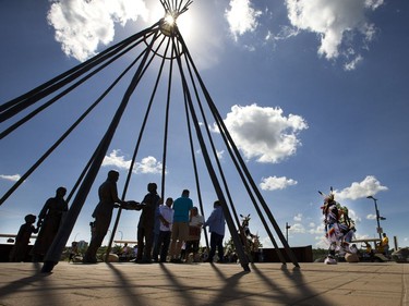 Thousands joined the "Rock Your Roots" Walk for Reconciliation at a Day of Reconciliation in Saskatoon, June 22, 2016. The walk began at Victoria Park and went past the 1812 statue, the Gabriel Dumont statue and the Chief Whitecap and John Lake statue before going through River Landing and finishing at the park along the Meewasin Trail.