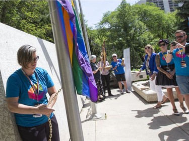 A large crowd attended the Pride Week flag raising at City Hall in Saskatoon, June 6, 2016.