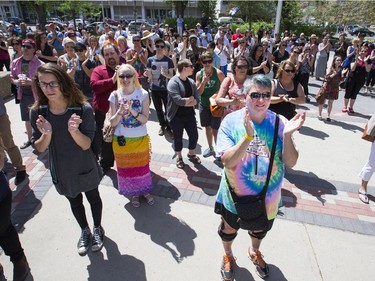 A large crowd attended the Pride Week flag raising at City Hall in Saskatoon, June 6, 2016.