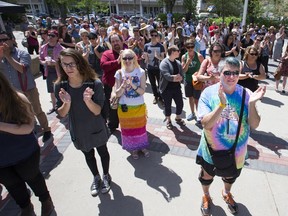 A large crowd attended the Pride Week flag raising at Saskatoon's City Hall on June 6, 2016.
