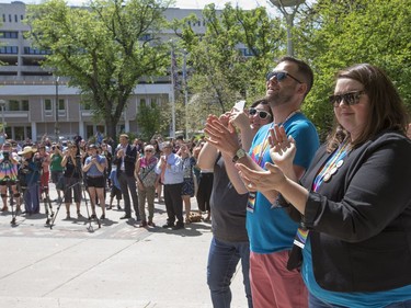 A large crowd attended the Pride Week flag raising at City Hall in Saskatoon, June 6, 2016.