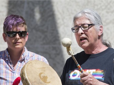 A large crowd attended the Pride Week flag raising at City Hall in Saskatoon, June 6, 2016.