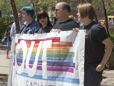 A large crowd attended the Pride Week flag raising at City Hall in Saskatoon, June 6, 2016.