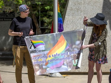 A large crowd attended the Pride Week flag raising at City Hall in Saskatoon, June 6, 2016.