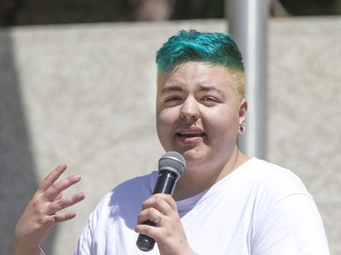 Daniel Despins addresses the large crowd that attended the Pride Week flag raising at City Hall in Saskatoon, June 6, 2016.