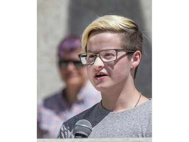 Speaker Ky Lapointe addresses the large crowd that attended the Pride Week flag raising at City Hall in Saskatoon, June 6, 2016.