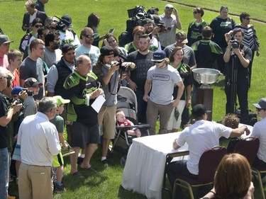 Cheerleaders, the NLL cup, pictures, autographs and loud applause at a champions rally for NLL Champions the Saskatchewan Rush in Bessborough Gardens, June 7, 2016.