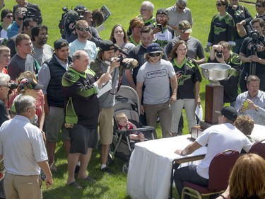 Cheerleaders, the NLL cup, pictures, autographs and loud applause at a champions rally for NLL Champions the Saskatchewan Rush in Bessborough Gardens, June 7, 2016.