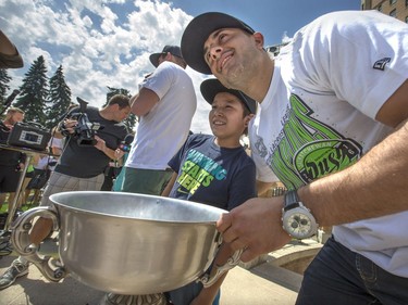 Pictures with Rush player Mark Matthews along with autographs for a cheering crowd at a champions rally for NLL Champions the Saskatchewan Rush in Bessborough Gardens, June 7, 2016.