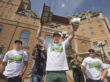 Saskatchewan Rush players Mark Matthews, Nick Bilic and Robert Church along with the team's cheerleaders, the NLL cup, pictures, autographs and loud applause at a champions rally for NLL Champions the Saskatchewan Rush in Bessborough Gardens, June 7, 2016.