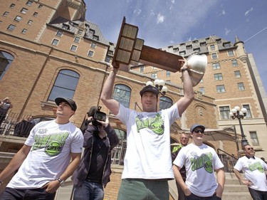 Saskatchewan Rush players Mark Matthews, Nick Bilic and Robert Church along with the team's cheerleaders, the NLL cup, pictures, autographs and loud applause at a champions rally for NLL Champions the Saskatchewan Rush in Bessborough Gardens, June 7, 2016.