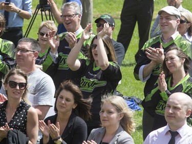 A small crowd made some noise at a champions rally for NLL Champions the Saskatchewan Rush in Bessborough Gardens, June 7, 2016.
