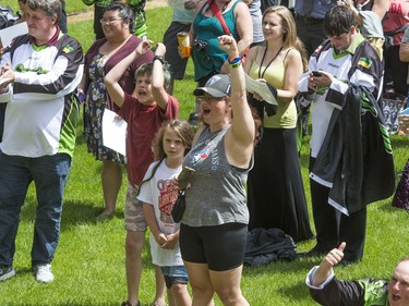 A small crowd made some noise at a champions rally for NLL Champions the Saskatchewan Rush in Bessborough Gardens, June 7, 2016.